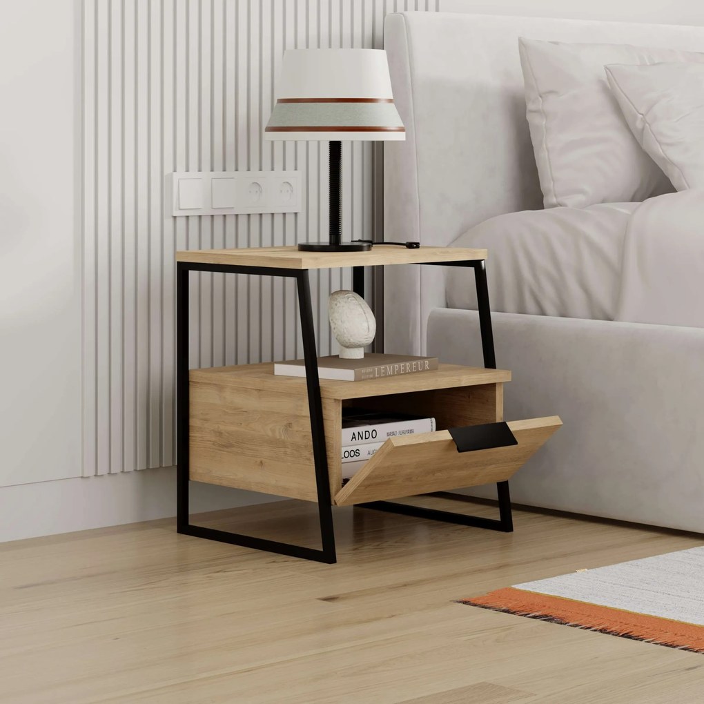 Nočný stolík Houseland Pal dub prírodný/čierny