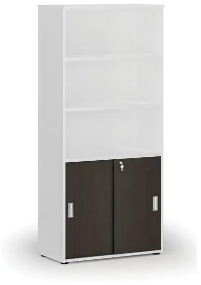 Kombinovaná kancelárska skriňa PRIMO WHITE, zasúvacie dvere na 2 poschodia, 1781 x 800 x 420 mm, biela/wenge