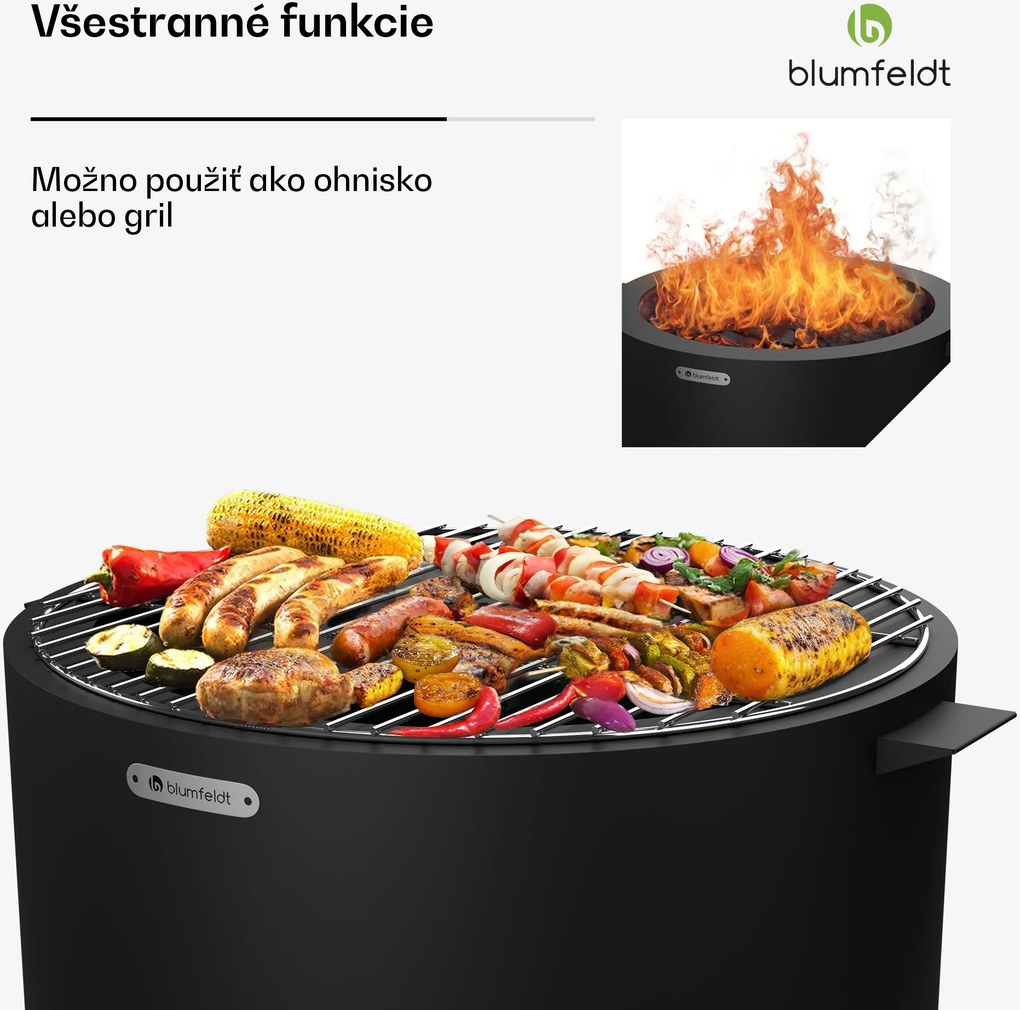 Blumfeldt Ignite Pure ohnisko, nízka dymivosť, grilovací rošt, nehrdzavejúca oceľ, prenosné, kryt proti dažďu, držadlá na prenášanie