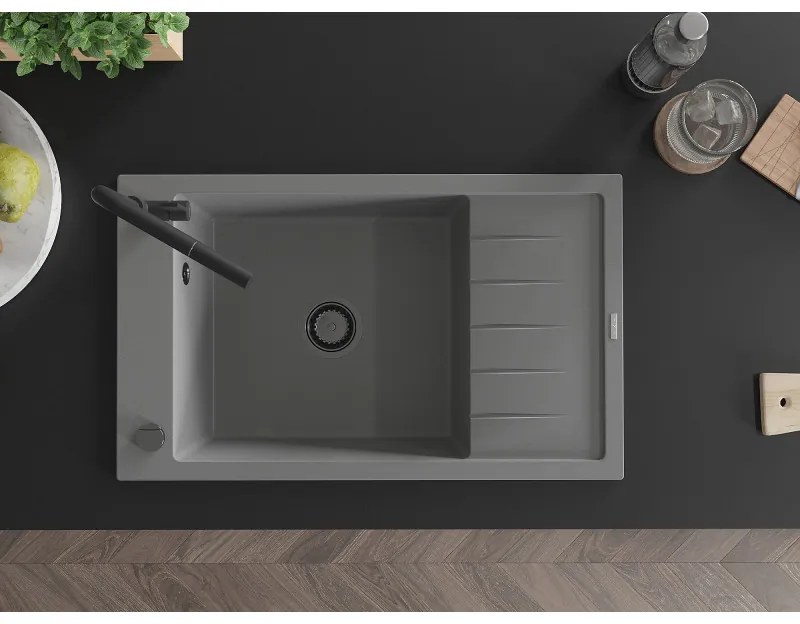Mexen Elias, 1-komorový granitový drez 795x480x200 mm a drezová batéria Flora, šedá, 6511-71-670401-70-B