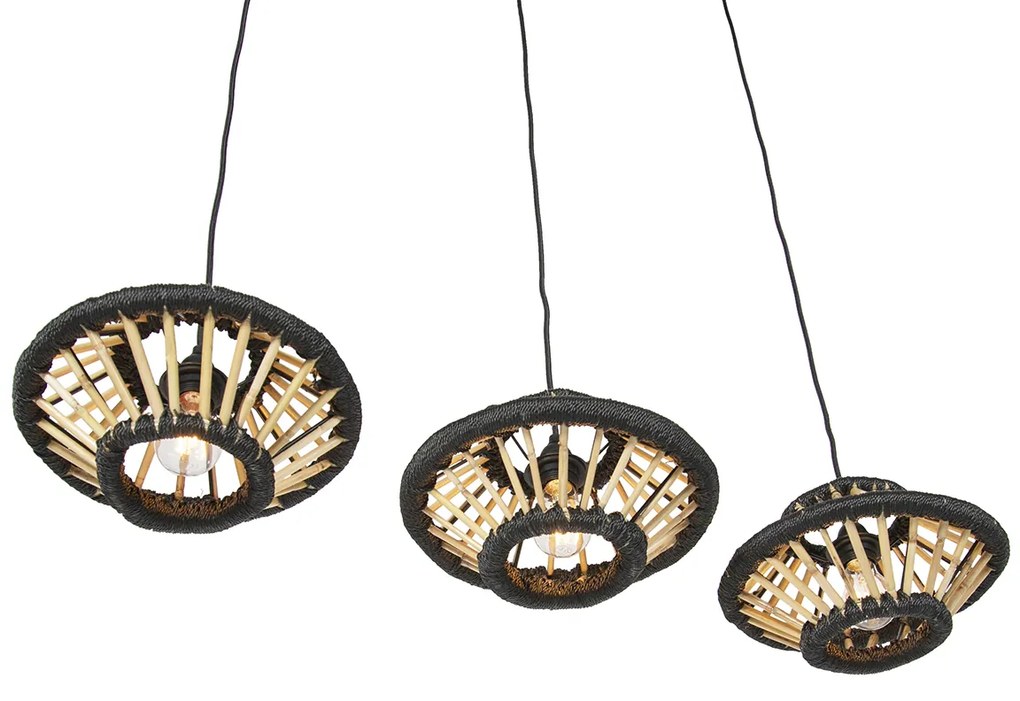 Orientálne závesné svietidlo bambus s čiernym oválnym tvarom 3-svetlo - Evalin