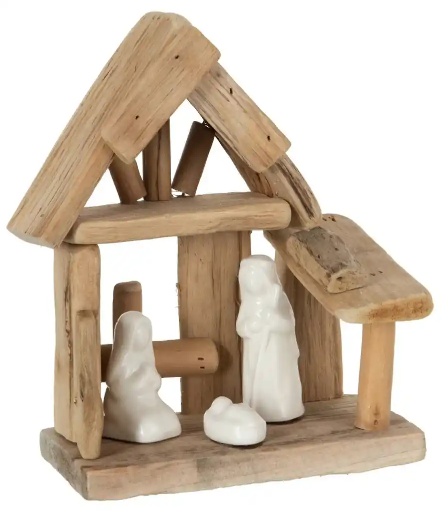 Prírodný drevený Betlehem s porcelánovými postavičkami Nativity wood -  16*10*19 cm | BIANO