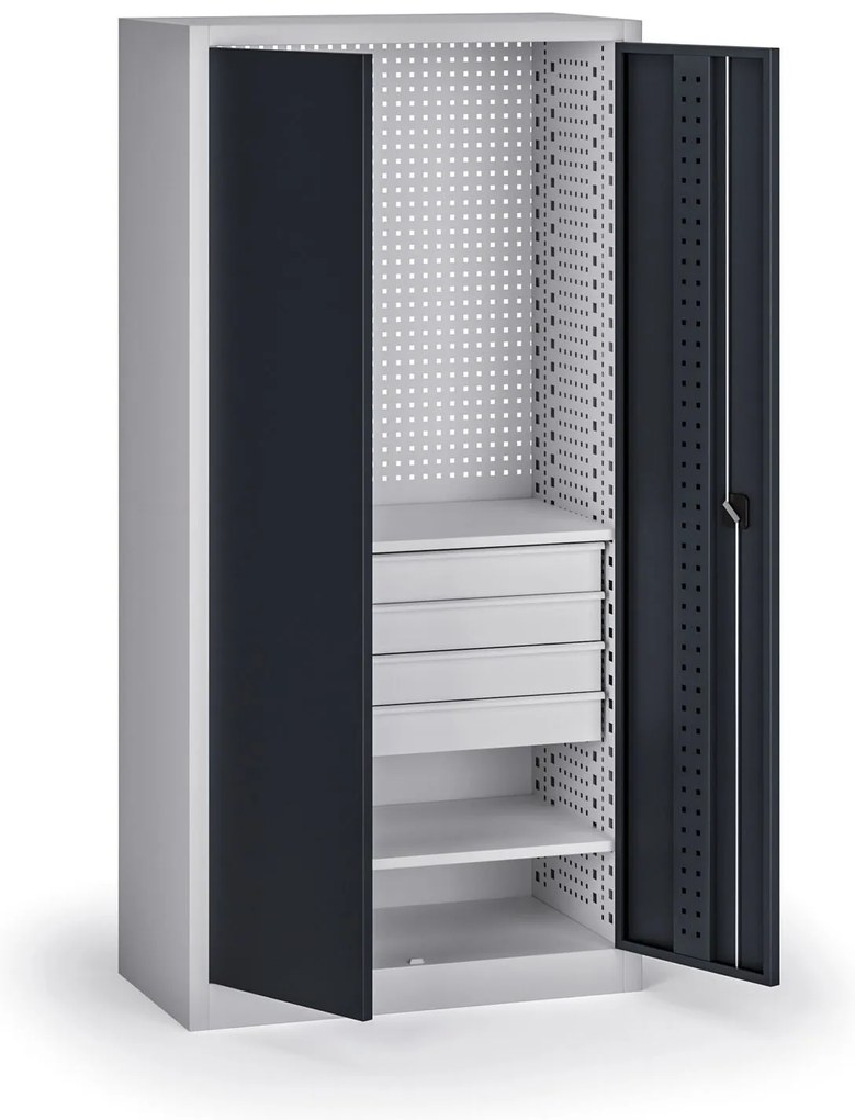 Policová dielenská skriňa 2-dverová, 2 police + 4 zásuvky, 1950 × 950 × 500 mm, grafitové dvere