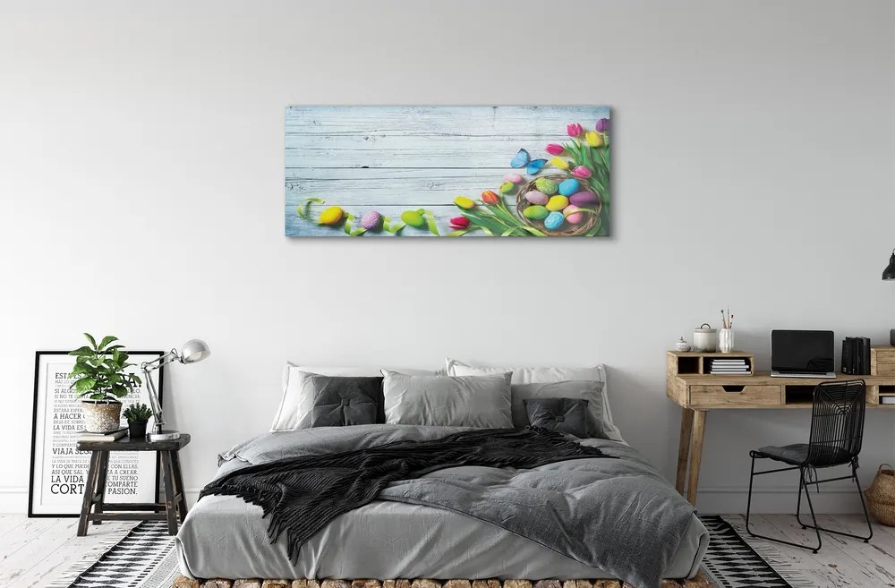 Obraz na akrylátovom skle Eggs tulipány motýľ 120x60 cm