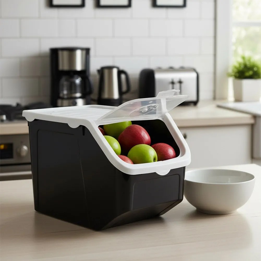 VILDE Skladovací černý box na cibuli a brambory, bílé víko(13l)