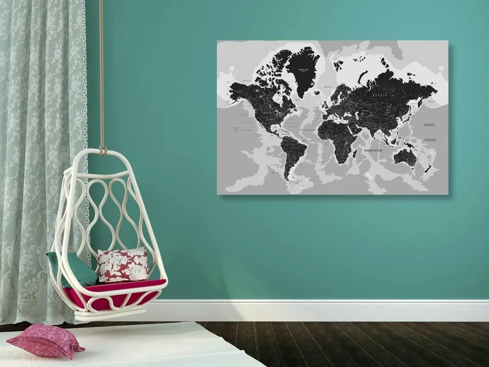 Obraz podrobná mapa sveta v čiernobielom prevedení