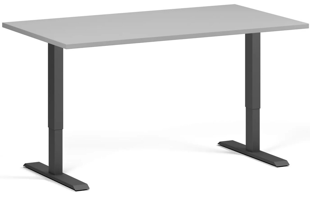 Výškovo nastaviteľný stôl, 140x80 cm, 2 motory, čierna podnož, sivá
