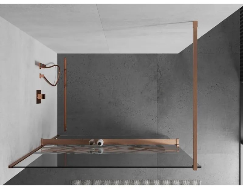 Mexen Kioto+, sprchová zástena Walk-In s poličkou a vešiakom 130 x 200 cm, 8mm číre sklo biely vzor, medený matný profil, 800-130-121-65-85