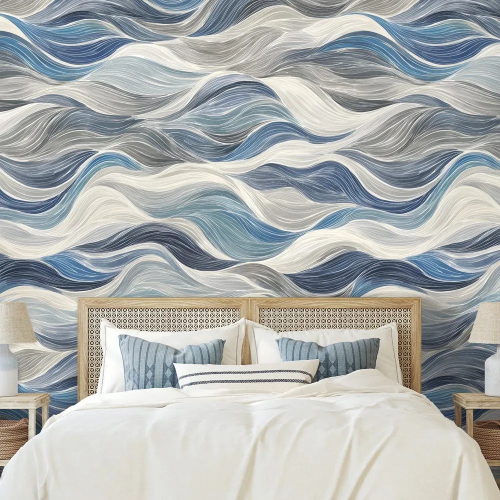 Samolepiaca tapeta modré vlny na sivom pozadí