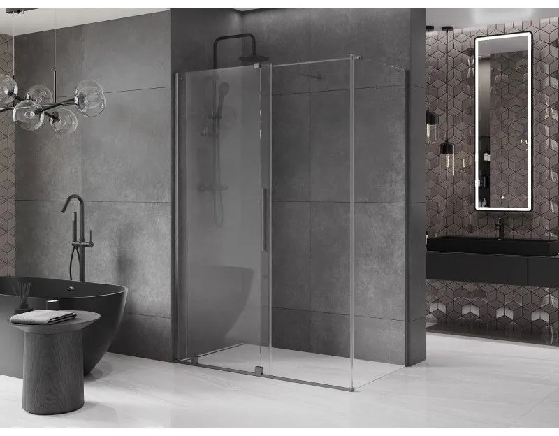 Mexen Velar, sprchový kút s posuvnými dverami 140(dvere) x 75(stena) cm, 8mm číre sklo, grafitová matná, 871-140-075-01-66