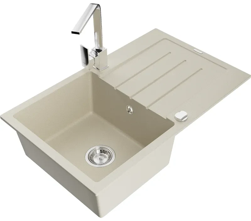 Mexen Bruno, drez granitový 795x495x200 mm, 1-komorový, béžová s chrómovým sifónom a chrómová drezová batéria Rita, 6513-69-670300-00