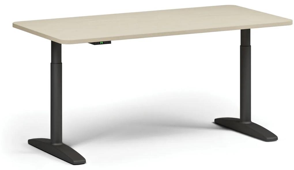 Výškovo nastaviteľný stôl OBOL, elektrický, 675-1325 mm, zaoblené rohy, doska 1600x800 mm, čierna zaoblená podnož, orech