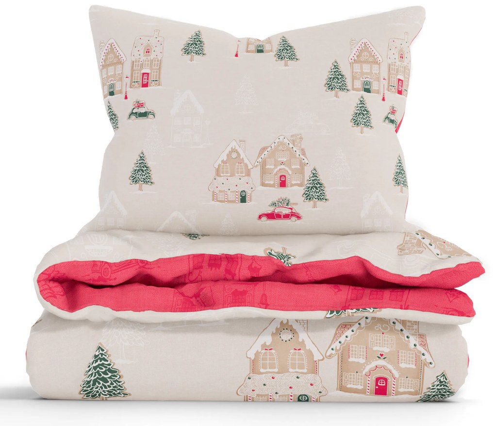 Vianočné predĺžené bavlnené obliečky Renforcé - Perníková chalúpka krémové