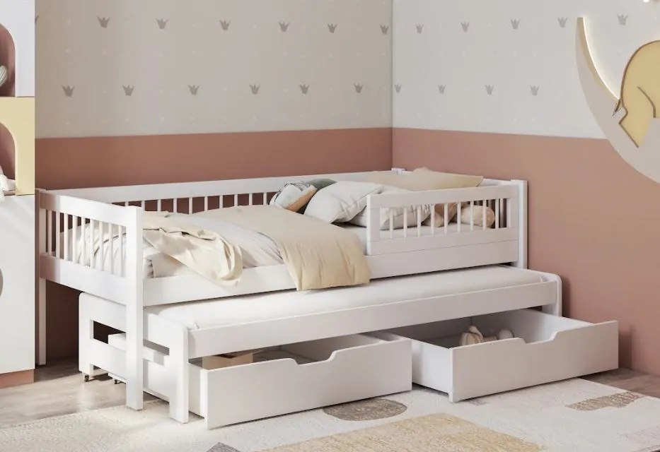 Detská posteľ z masívu borovice ORION s prístelkou a šuplíky - 200x90 cm - biela