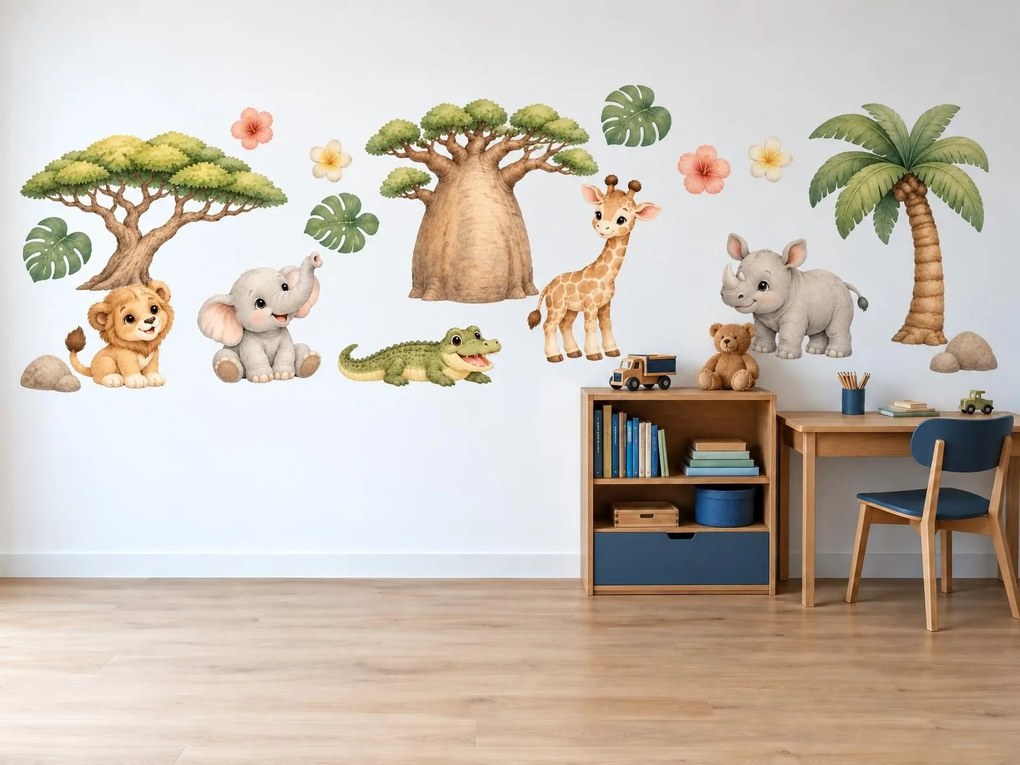 Safari mláďatká pri baobabe farebné akvarelové nálepky s baobabom a safari zvieratkami pre dievčatá aj chlapcov na stenu arch 46 x 23 cm