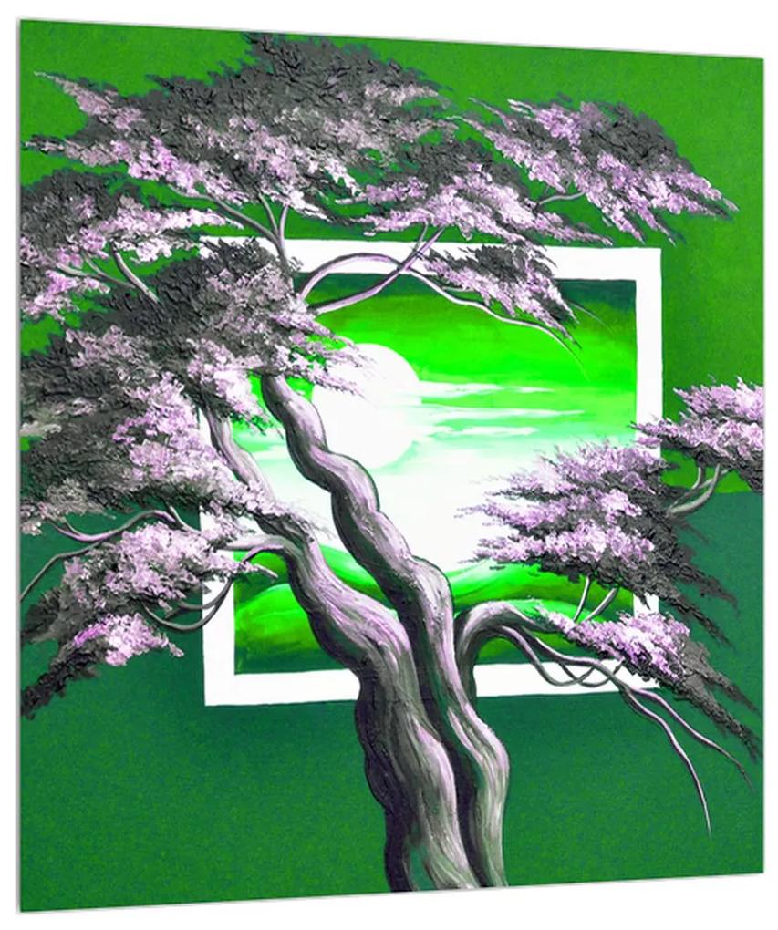 Zelený obraz stromu a východu slnka (30x30 cm)