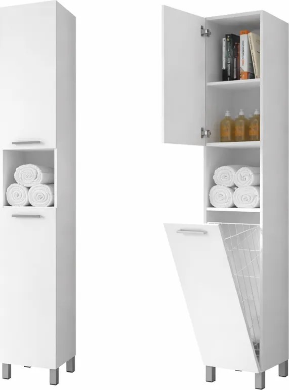 NORMANDIA 30 biela, Kúpeľňová skrinka, s košom na bielizeň, úložným priestorom a policami