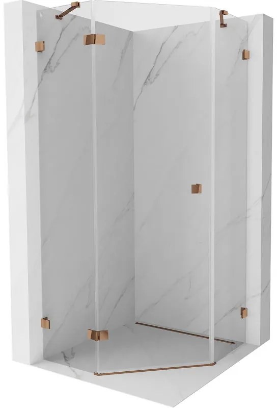 Mexen Lunar, Päťuholníkový sprchový kút Mexen Lunar s výklopným ľavým oknom 80 x 80 cm, 8mm číre sklo, profil ružové zlato, 831-080L-080P-60-00-L
