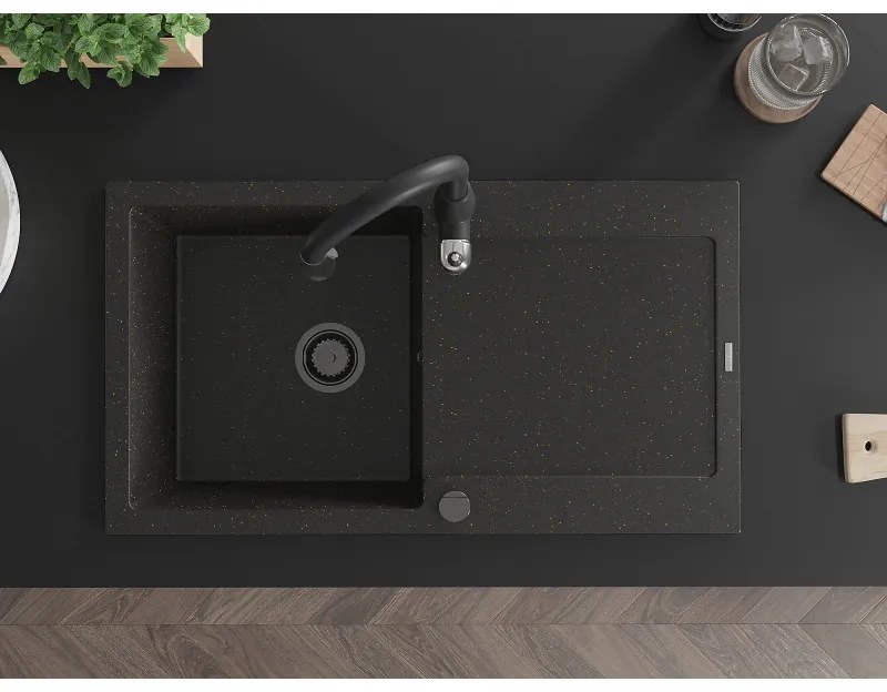 Mexen Leo, 1-komorový granitový drez 900x500x190 mm a drezová batéria Savita, čierna-zlatá metalíza, 6501-75-672601-70-B
