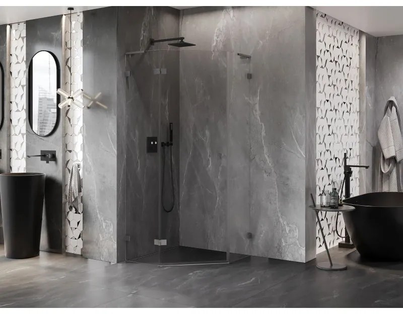 Mexen Lunar, L päťuholníkový sprchový kút naklápací doľava 90x90 cm, 8mm číre sklo, profil grafit brúsený, 831L-090L-090P-66-00-L