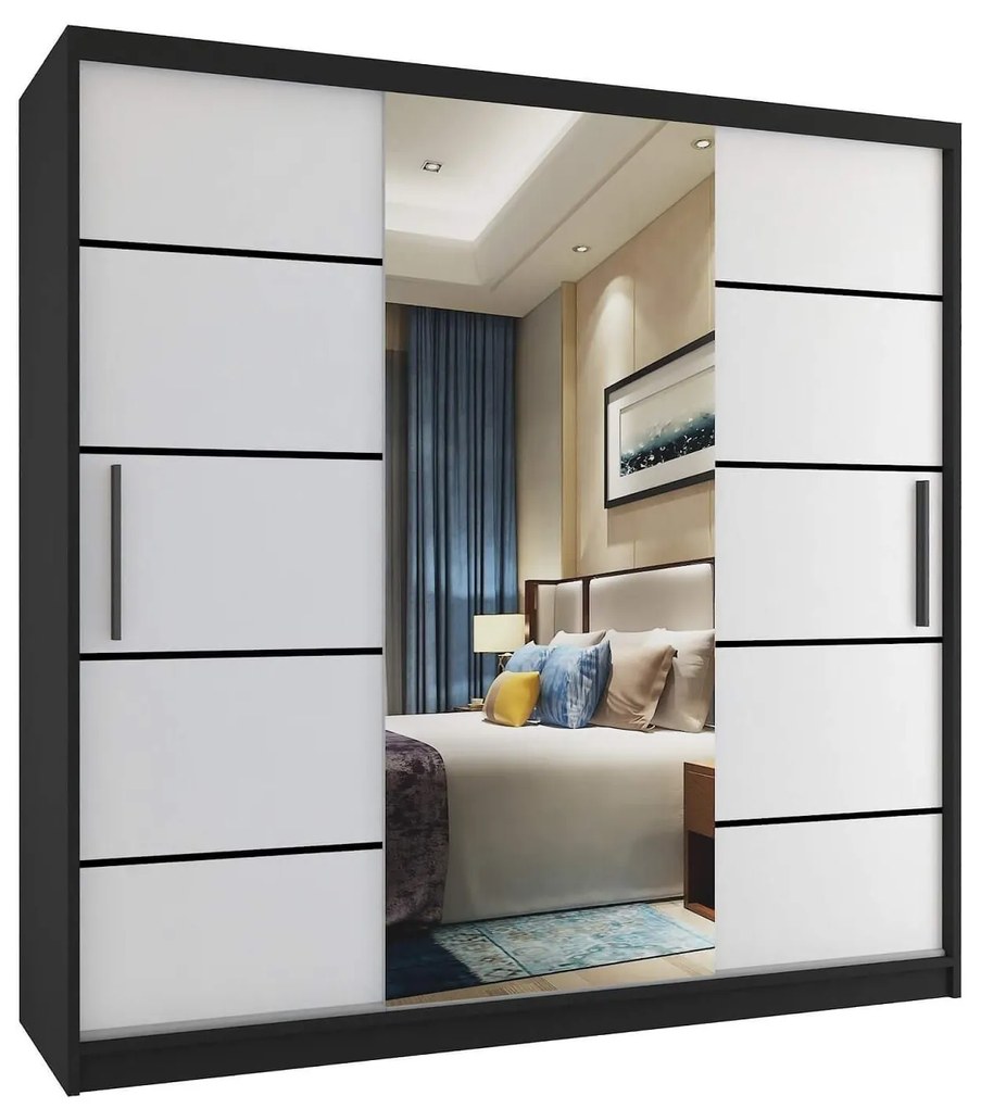 Šatníková skriňa 200 cm Belini čierny mat / biely mat s posuvnými dverami zrkadlom a zásuvkami  MT SZP5/1/B/W/0/KLP