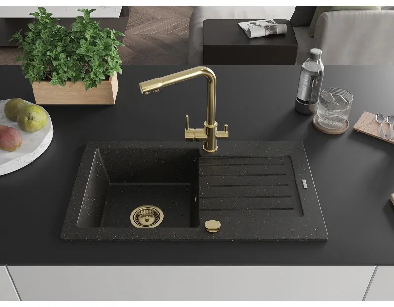 Mexen Pablo, granitový drez 752x436x161 mm, 1-komorový a zlatá batéria Duero, čierna - zlatá metalíza, 6510-75-671600-50