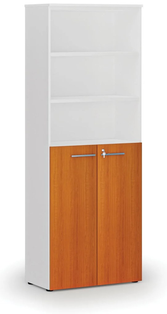 Kombinovaná kancelárska skriňa PRIMO WHITE, dvere na 3 poschodia, 800 x 420 x 2128 mm, biela/čerešňa