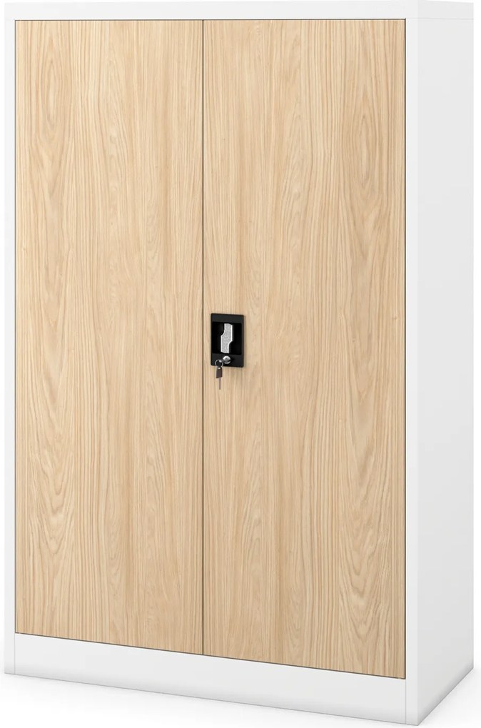 Kovová spisová skriňa KEVIN, 900 x 1400 x 400 mm, Eco Design: biela/ dub sonoma
