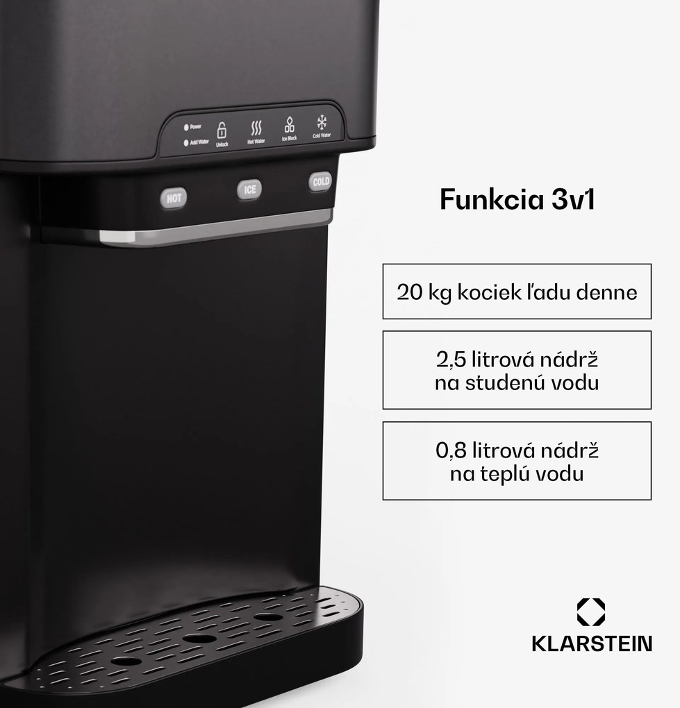 Klarstein Aqueous výrobník ľadu 3 v 1: kocky ľadu, dávkovač vody: horúca a studená, 20 kg/24h