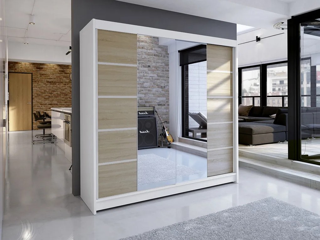 Šatníková skriňa Tatiana 5 (biela + sonoma). Akcia -21%. Vlastná spoľahlivá doprava až k Vám domov. 1069293