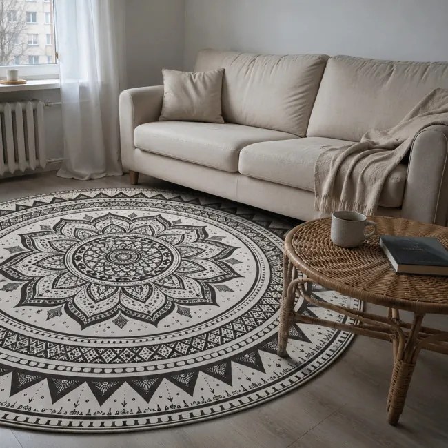 Koberec NOVO Mandala čierny / biely kruh