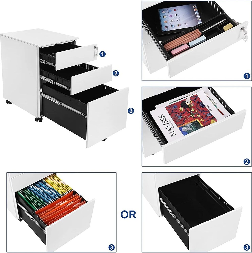 Pojazdná kartotéka s 3 zásuvkami, biela