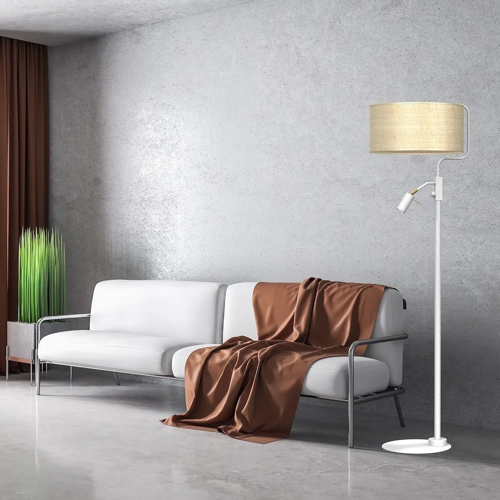 Stojacia lampa Marshall, 1x ratanové tienidlo + 1x biele kovové tienidlo, w/g