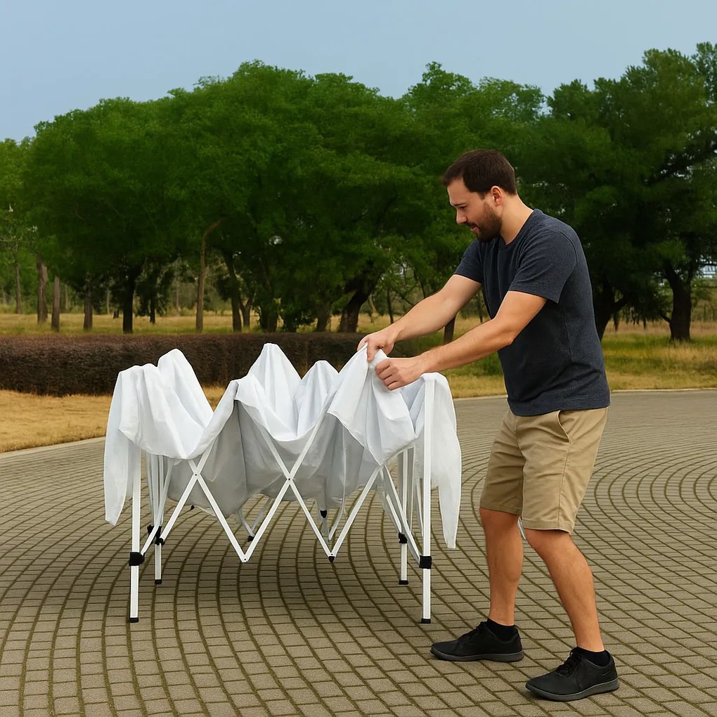 Záhradný pavilónový stan 3x3 m, s automaticky rozťahovacou strechou, biely, MultiGarden