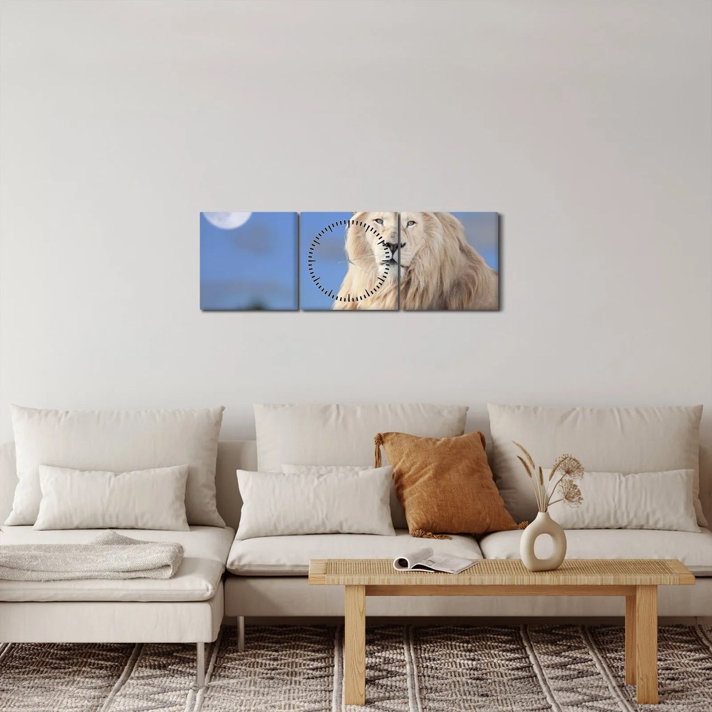 Obraz - Biely lev (s hodinami) (90x30 cm)
