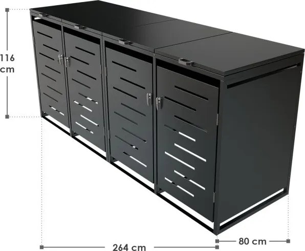 Kovový prístrešok pre 4 popolnice, antracit, 264×116×80 cm