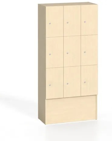 Drevená odkladacia skrinka s úložnými boxami, 9 boxov, 1700 x 900 x 420 mm, cylindrický zámok, breza