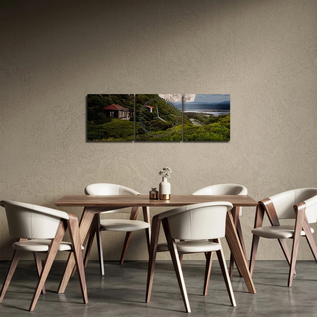 Obraz krajiny s mesiacom (s hodinami) (90x30 cm)