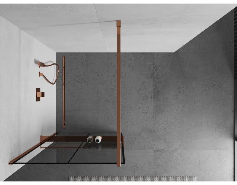 Mexen Kioto, sprchová zástena s poličkou a držiakom na uteráky 90 x 200 cm, 8mm číre sklo s čiernym vzorom, profil ružové zlato, 800-090-121-60-77