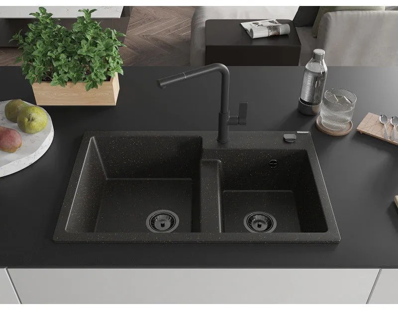 Mexen Tomas, 2-komorový granitový drez 800x500x190 mm a drezová batéria Flora, čierna-zlatá metalíza, 6516-75-670401-70-B