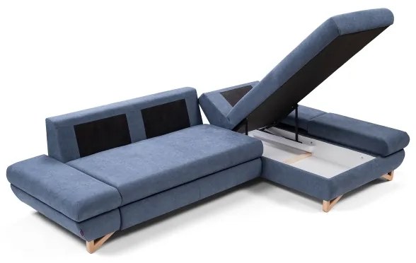 Rozkladacia rohová čalúnená sedacia súprava AVESTA do tvaru L, pravé prevedenie, s úložným priestorom, modrá