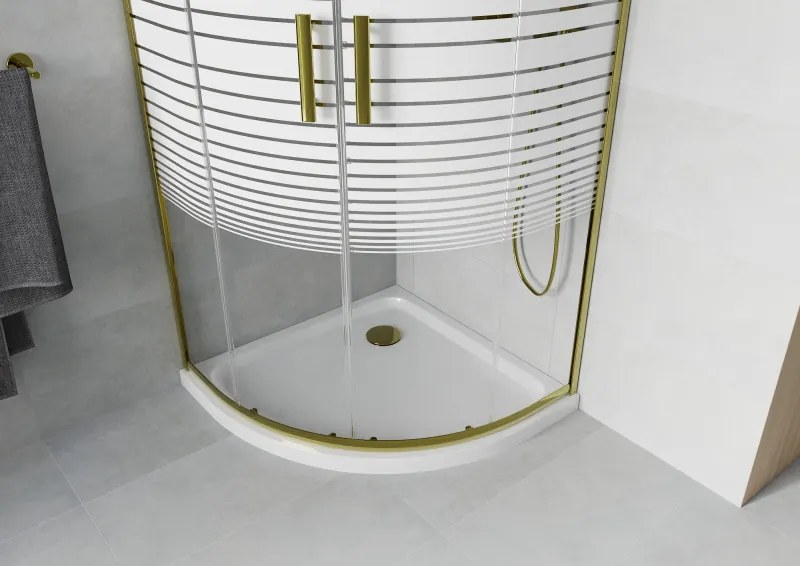 Mexen Rio, štvrťkruhový sprchovací kút s posuvnými dverami 80(dvere) x 80(dvere) x 190 cm, 6mm číre sklo s pásikmi, zlatý profil + biela sprchová vanička SLIM, 863-080-080-50-20-4110G