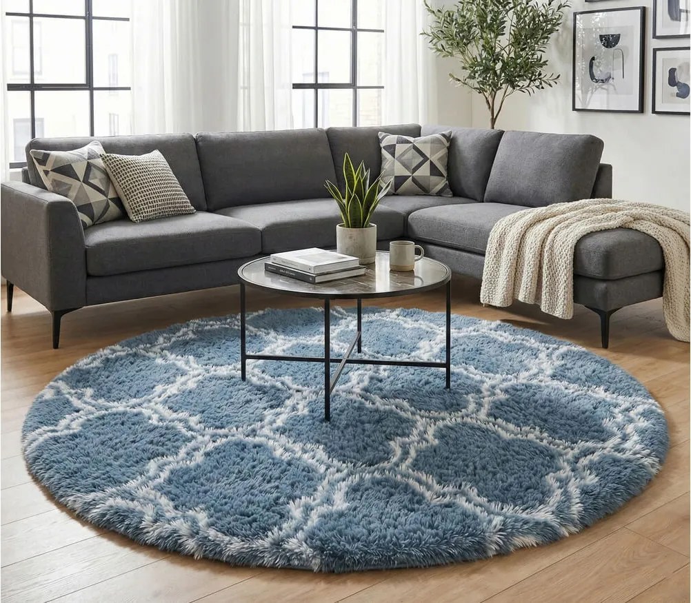 TZ Sivo-modrý okrúhly vzorovaný koberec shaggy Decor Latern Rozmer: 140 cm