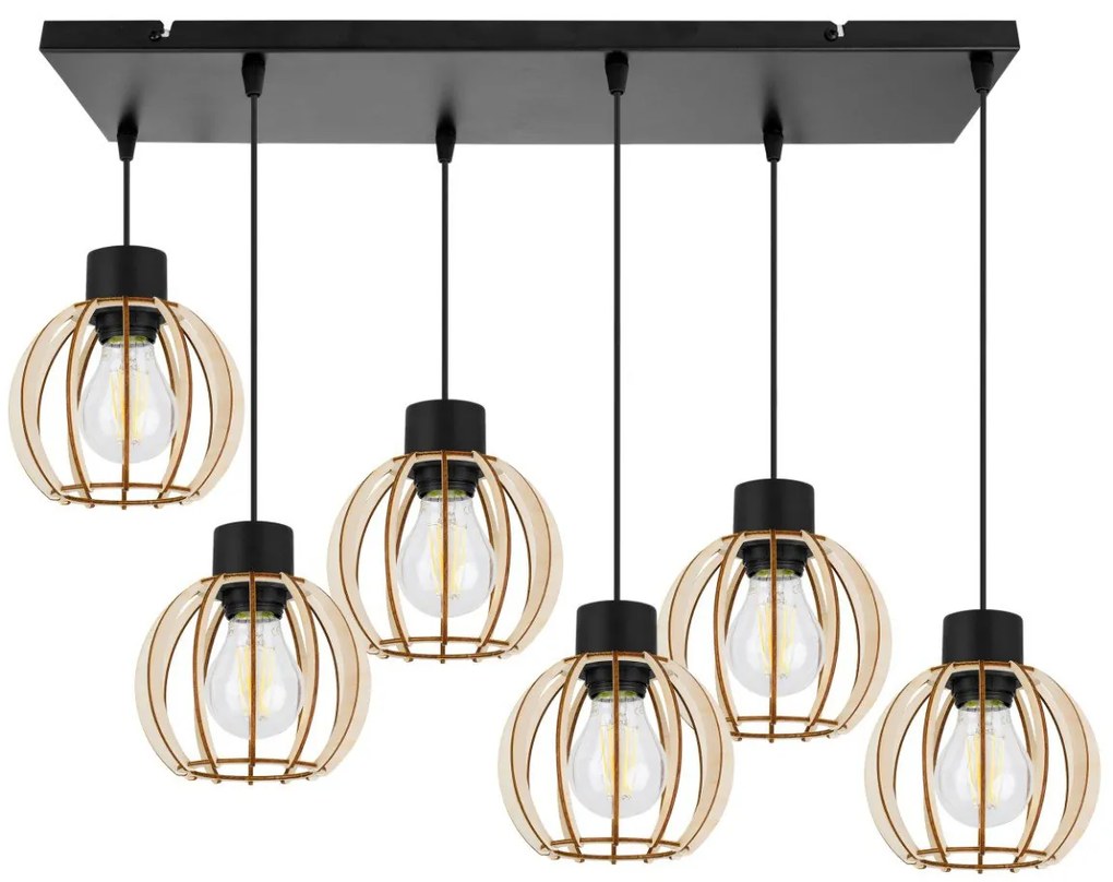 Závesné svietidlo Timber 8, 6x drevené tienidlo