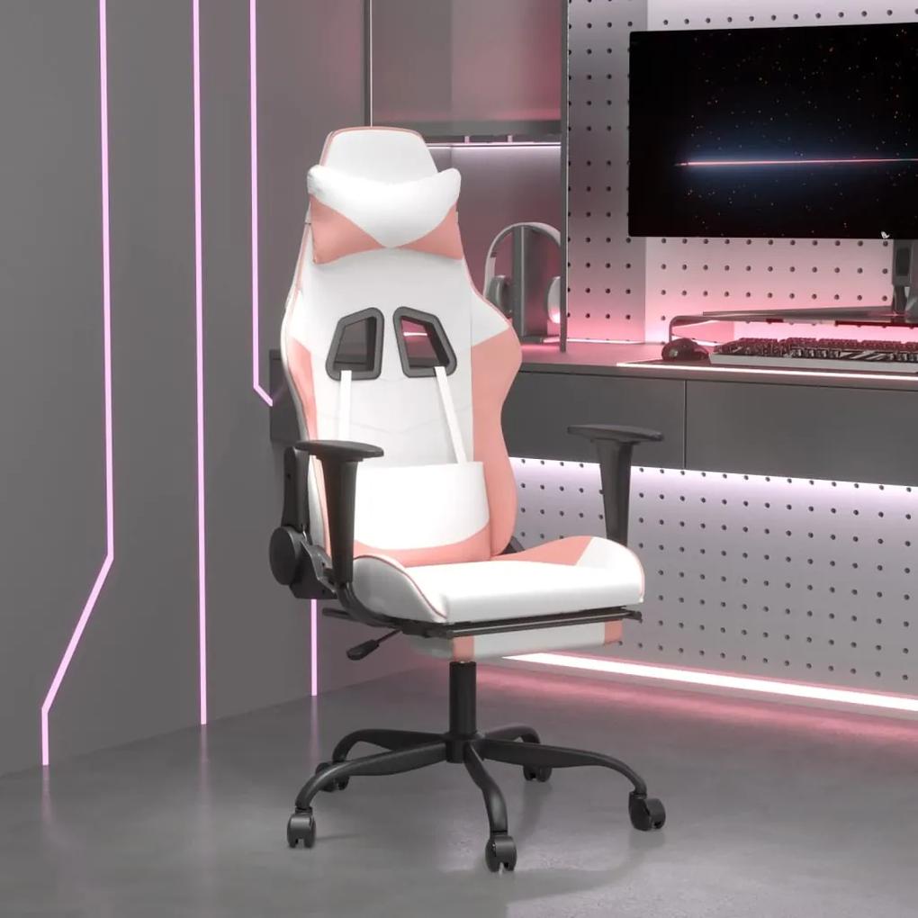 Herná stolička s podnožkou biela a ružová umelá koža
