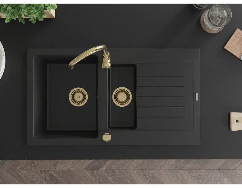 Mexen Matias, 1,5-komorový granitový drez s odkvapkávačom 90x50 cm a kuchynskou batériou Telma, čierna, 6502-77-670200-50