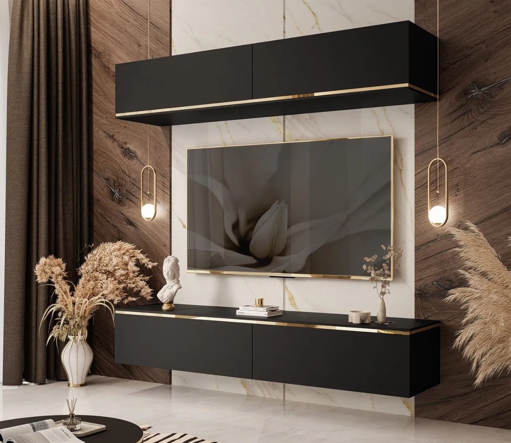 OBÝVACIA STENA NESSIE ČIERNA MATNÁ + ZLATÁ LIŠTA 180 cm