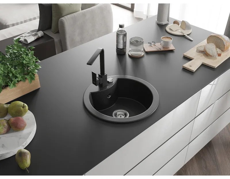 Mexen Diego, 1-komorový granitový drez 488x488x167 mm, chrómový sifón, čierna matná batéria Rita, čierna-strieborná metalíza, 6512-73-670300-70