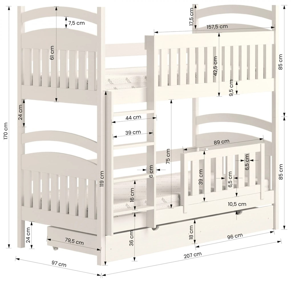 Posteľ poschodová drevená Amely - Farba Biely, rozmer 90x200