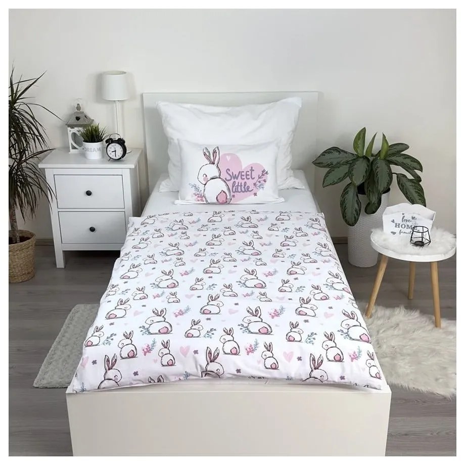 Bielo-ružové bavlnené detské obliečky do postieľky 100x135 cm Bunny "Sweet" – Jerry Fabrics